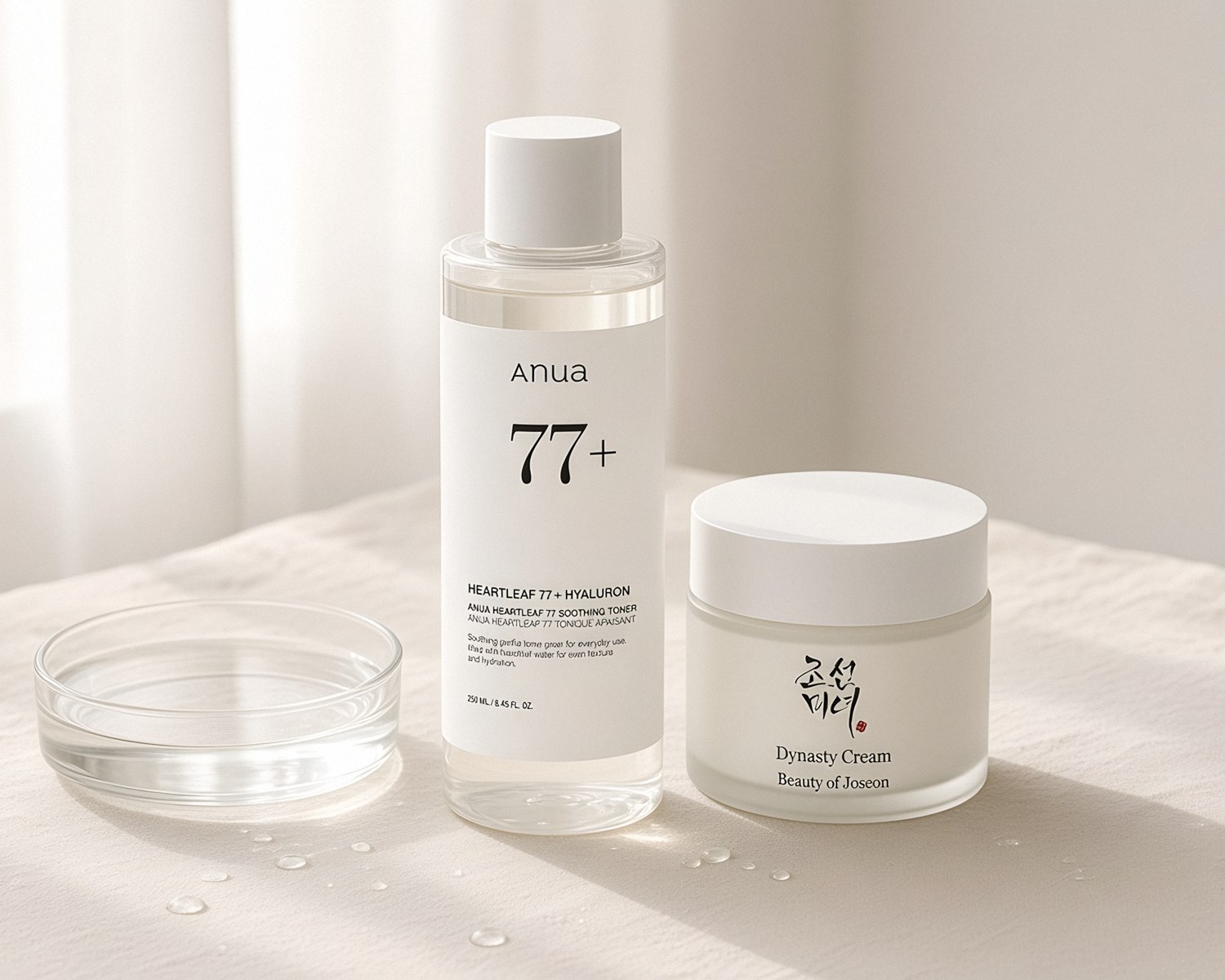 Real AnikaGlow catalog products: Anua Heartleaf 77 toner and Beauty of Joseon Dynasty Cream (Laneige Lip Sleeping Mask and The Ordinary Hyaluronic Acid on portrait screens) in a warm cream still life