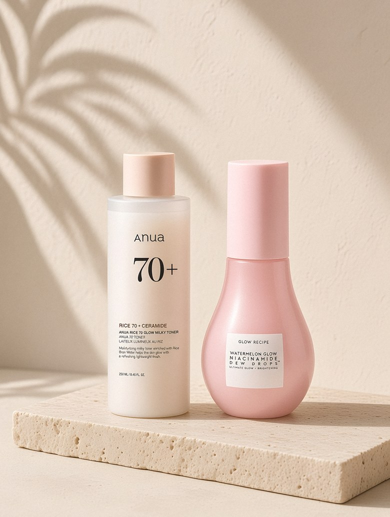 ANUA Rice 70 toner with numbuzin No.3 essence (Glow Recipe Dew Drops on small screens) in a warm cream still life